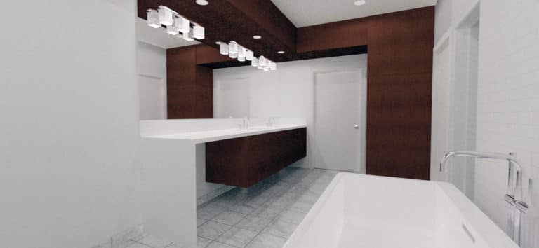 Modern bathroom concept rendering with floating vanity, freestanding tub, and shower