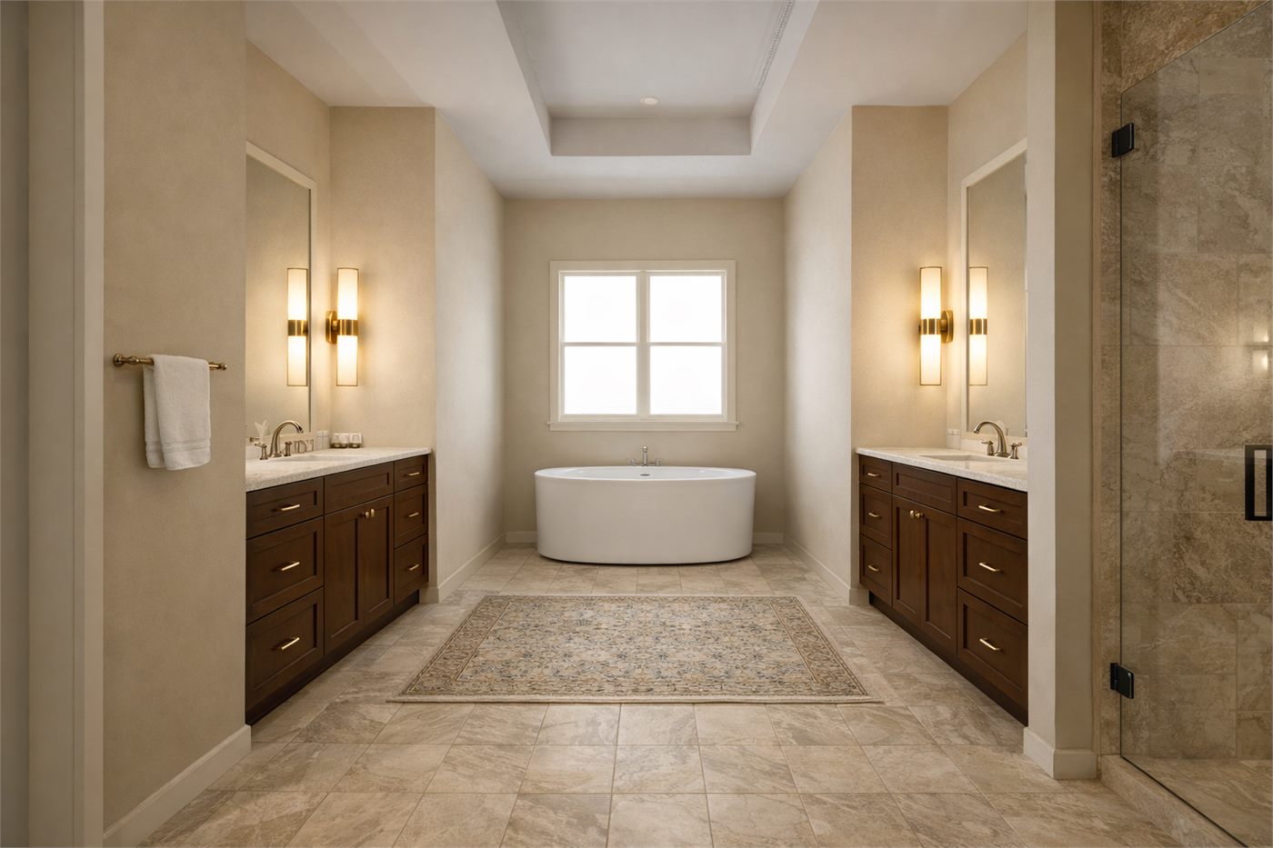 Primary bathroom rendering with freestanding tub, separate vanities, and walk-in shower