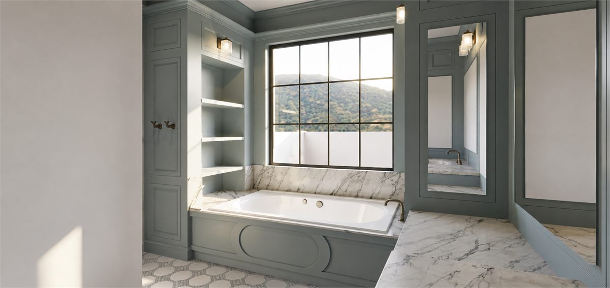 Bathroom rendering with soaking tub, large window, tile floor, and wall sconces