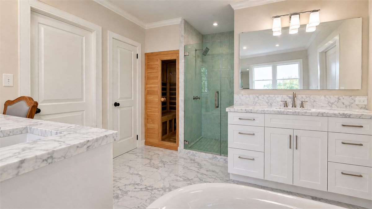 Bathroom vanity rendering with glass shower, storage cabinets, and bright natural light