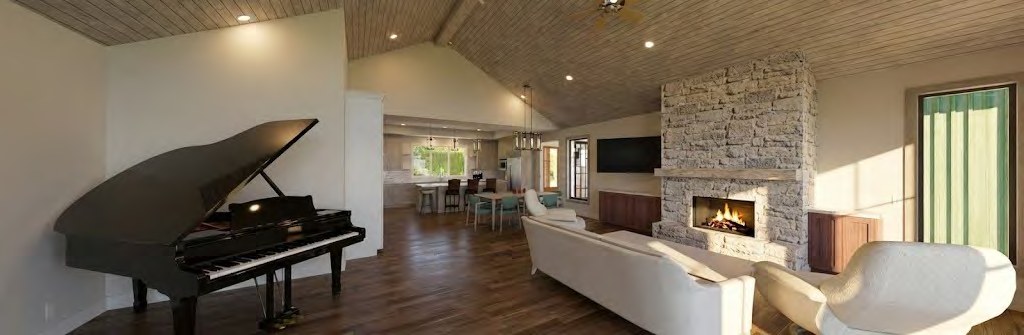 Hill Country custom home interior design visualization with stone fireplace, grand piano, wood ceiling, and kitchen view