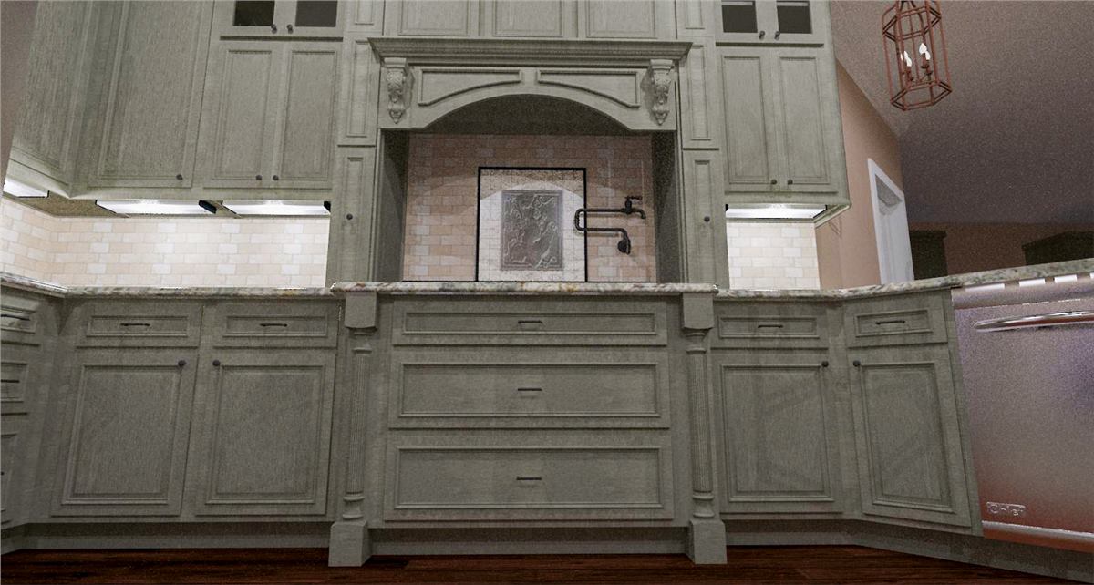 Built-in cabinet and fireplace render with shelves