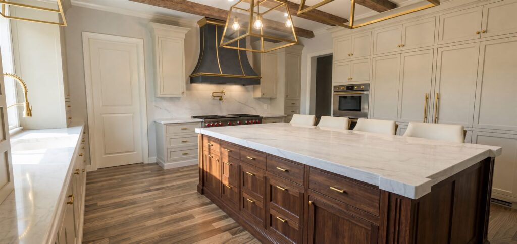 Kitchen render with large island, pendant lights, white cabinetry, and wood floor