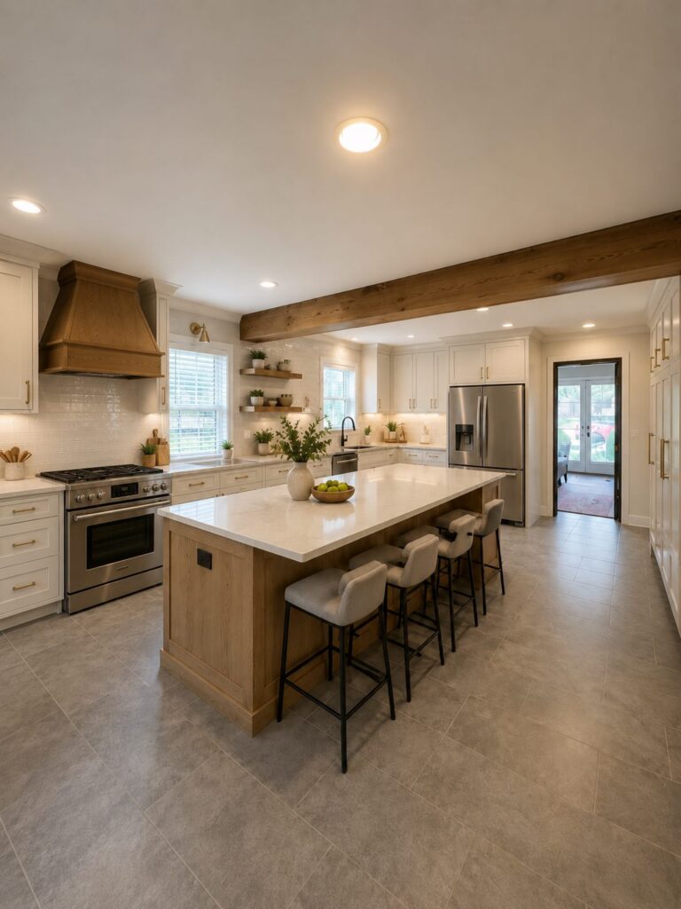 Kitchen render with island workspace, perimeter cabinets, and appliance zones