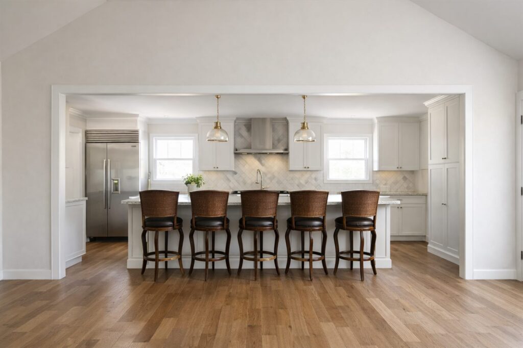 Open kitchen render with island seating, pendant lights, and surrounding room connection